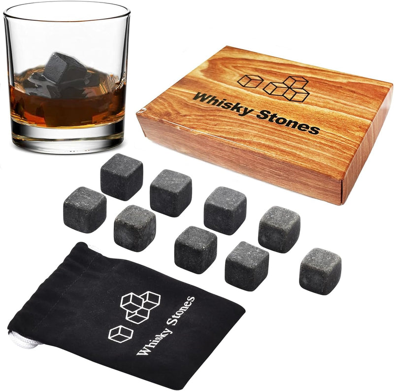 Whiskey Stones, Whiskey Stone Gift Set, 9 Granite Whisky Rocks, Burbon Gifts Cool Presents for Men Dad Husband Boyfriend, Unique Anniversary Birthday Wedding Gift Ideas - by Angde