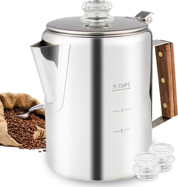 APOXCON Multi Use Coffee Percolator With Two Glass Knobs, Stainless Steel Coffee Pot for Indoor Induction Cooktop, Electric Stove, Outdoor Campfire Stovetop 9 Cup