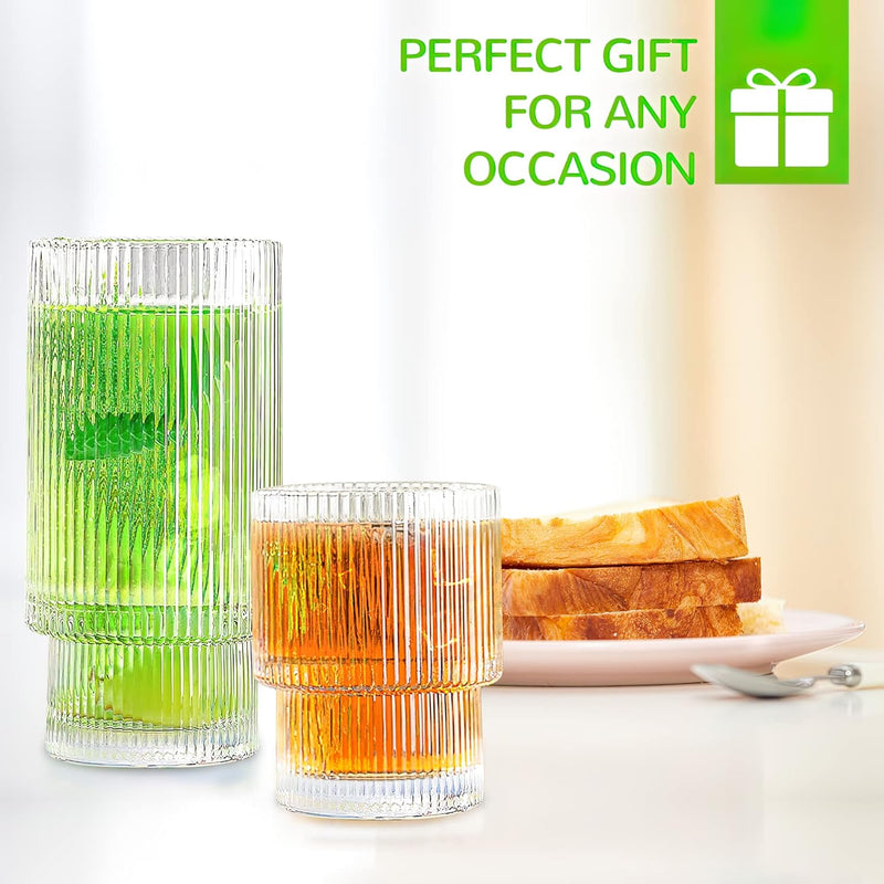 Lvtrupc 10Pcs Ribbed Glass Cups - Highball Glasses & Small Water Drinking Glasses, Vintage Fluted Glassware Sets for Iced Coffee Whiskey Cocktail, Unique Cute Gifts with Straws & Cleaning Brush