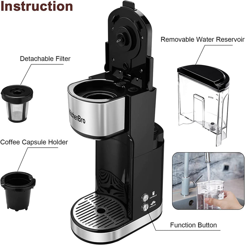 KitchenBro Single Serve Coffee Maker with 14 Oz Reservoir,K Cup Coffee Maker Fits Travel Mug with Self-Cleaning Function,Black