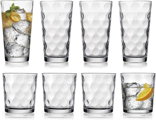 Home Essentials & Beyond Glassware Drinking Glasses Set Of 8 4 Highball (17 oz.) Kitchen Glasses | 4 (13 oz.) Rocks Glass Cups for Water, Juice and Cocktails.