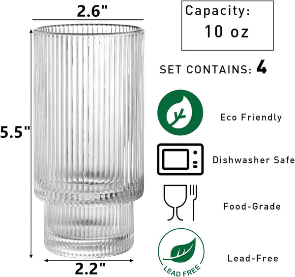 DEAYOU 6 Pack Ribbed Drinking Glass, 10 OZ Vintage Highball Glass Cup, Stackable Clear Glassware, Crystal Thick Collins Tumbler with Heavy Base for Cocktail, Water, Hot or Cold Drink, Origami Style