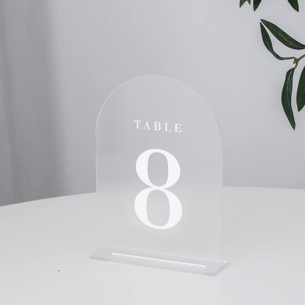 Frosted Arch Wedding Table Numbers with Stands 1-15, 5X7 Acrylic Signs and Holders, Perfect for Centerpiece, Reception, Decoration, Party, Anniversary, Event