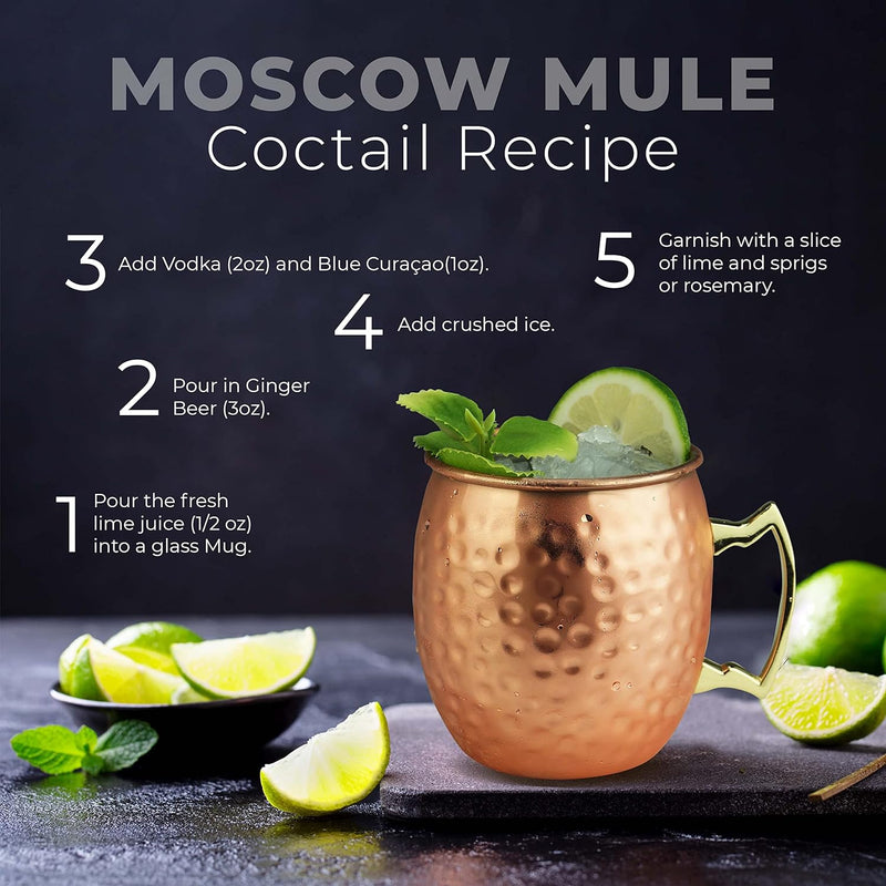 PG Moscow Mule Mugs | Large Size 19 ounces | Set of 4 Hammered Cups | Stainless Steel Lining | Pure Copper Plating | Gold Brass Handles | 3.7 inches Diameter x 4 inches Tall