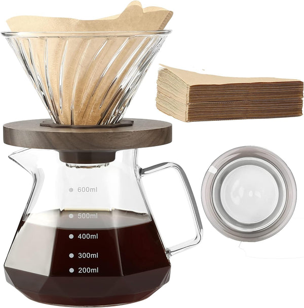 Lalord Pour Over Coffee Maker, 20 oz Borosilicate Glass Carafe with 100 pcs V60 Paper Filter, Walnut Handle & Glass Lid, Drip Coffee Maker for Home Café Restaurant Camping, 600 ml, Clear