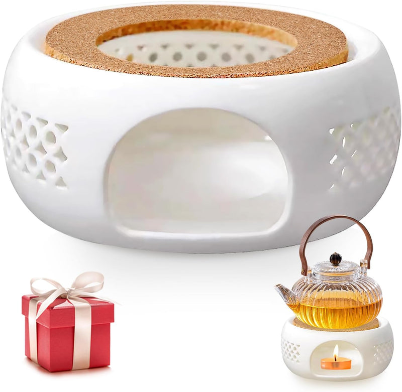 Ceramic Teapot Heating Base, Ceramic Teapot Heater Teapot Warmer Base with Cork Cushion, Hollow Heating Base Ceramic Teapot Warmer Suitable for Teapot Mugs & Other Heatproof Dish Warming Use(White)