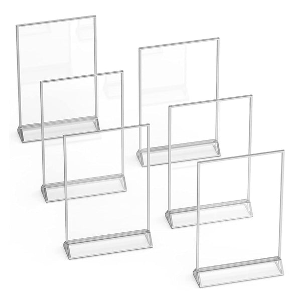 Silver Picture Frames Double Sided - 6 Pack - 5X7 Acrylic Silver Table Number Holders, Clear Easel Table Stands for Signs, Silver Frames for Wedding Table Numbers, Menu Holder, Photo Frame