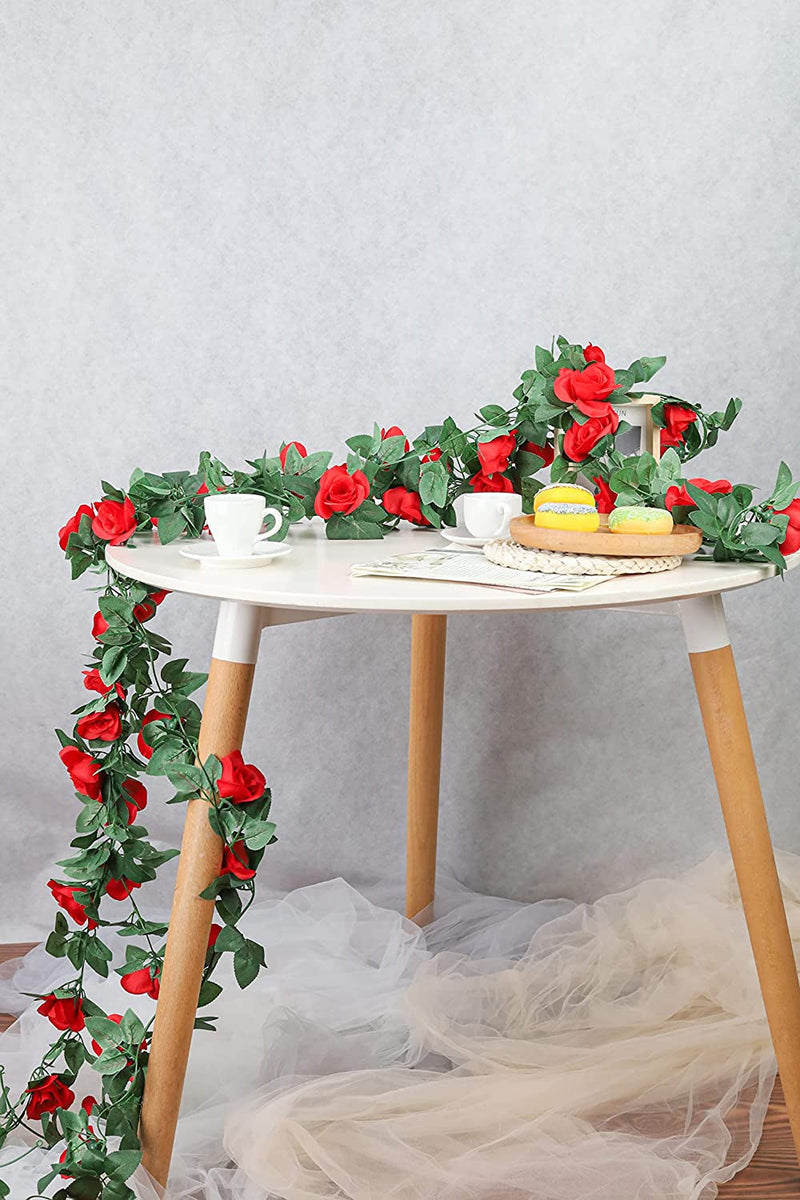Artificial Rose Vine Garland - 6 Red Roses with Greenery for Home or Event Decor