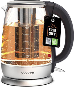 Vianté Electric Glass Tea Kettle with Removable Infuser. Hot tea infuser Pot for Loose Leaf & Bagged Tea. BPA-FREE. Stainless Steel & Borosilicate Glass. LED Illuminated. 1.7 Liters capacity.