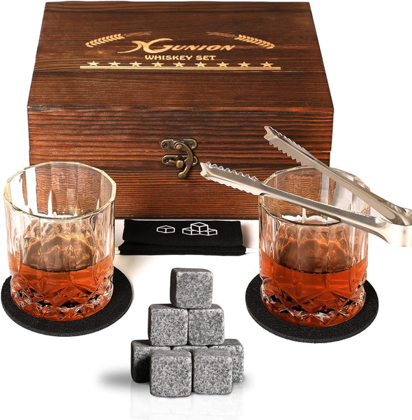 Whiskey Stones Gift Set for Men Dad Father’s Day Whiskey Glasses Set 2 Bourbon Glasses 8 Granite Chilling Rocks with Tongs Perfect for House Warming Anniversary Birthday for Men