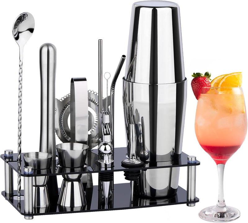 Cocktail Shaker Set Bartender Kit : 15-Piece Bar Tool Set with Acrylic Stand Bar Set with All Practical Bar Accessories, for Drink Mixing, Bar, Home, Lounge & Party, Silver