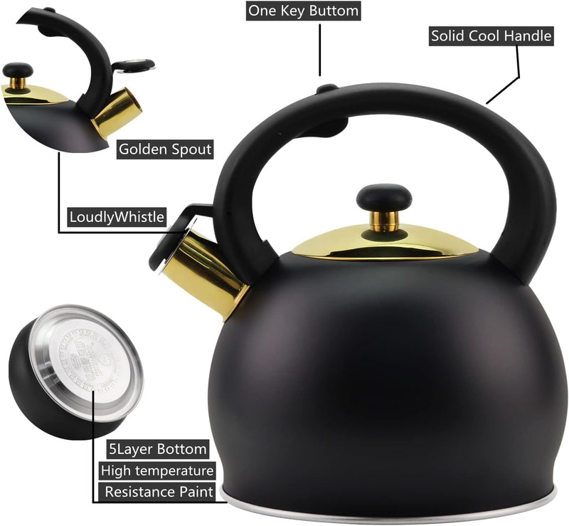 SHANGZHER Tea Kettle Stovetop Stainless Steel Whistle Induction Teakettle Fixed Cool Handle 3.2 Quart / 3 Liter Black