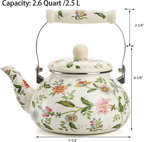 Jucoan 2.6 Quart Vintage Enamel Tea Kettle, Green Floral Enamel on Steel Teapot with Cool Touch Porcelain Handle for Stovetop Home Kitchen Decor, Gift for Housewarming Christmas New Year