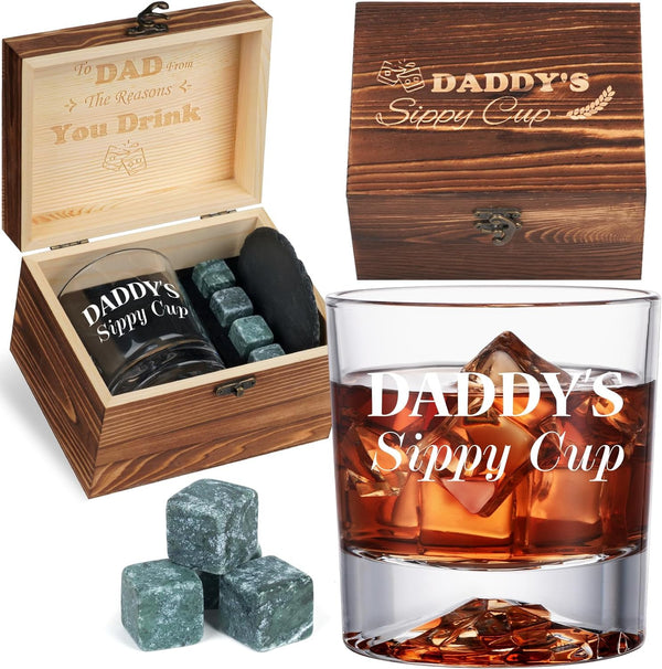 Gifts for Dad Christmas, Daddy Sippy Cup Whiskey Glass Gifts Set with 4 Whiskey Stones & Wooden Box, Funny Gag Christmas Gifts for New Dad Him Husband, Dad Birthday Gift, Christmas Stocking Stuffers
