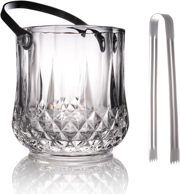 BothEarn Small Round Glass Ice Bucket Kits, Heavy Thick Wine Cooler with Steel Tong and Clamp, 5.3" H*5" W, 34 oz (1000 ml)