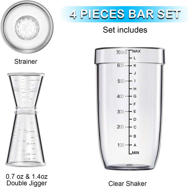 4 pcs Clear Cocktail Shaker Set 2 pcs Plastic bar Shaker with 2 pcs Plastic Cocktail Double Measuring Jigger
