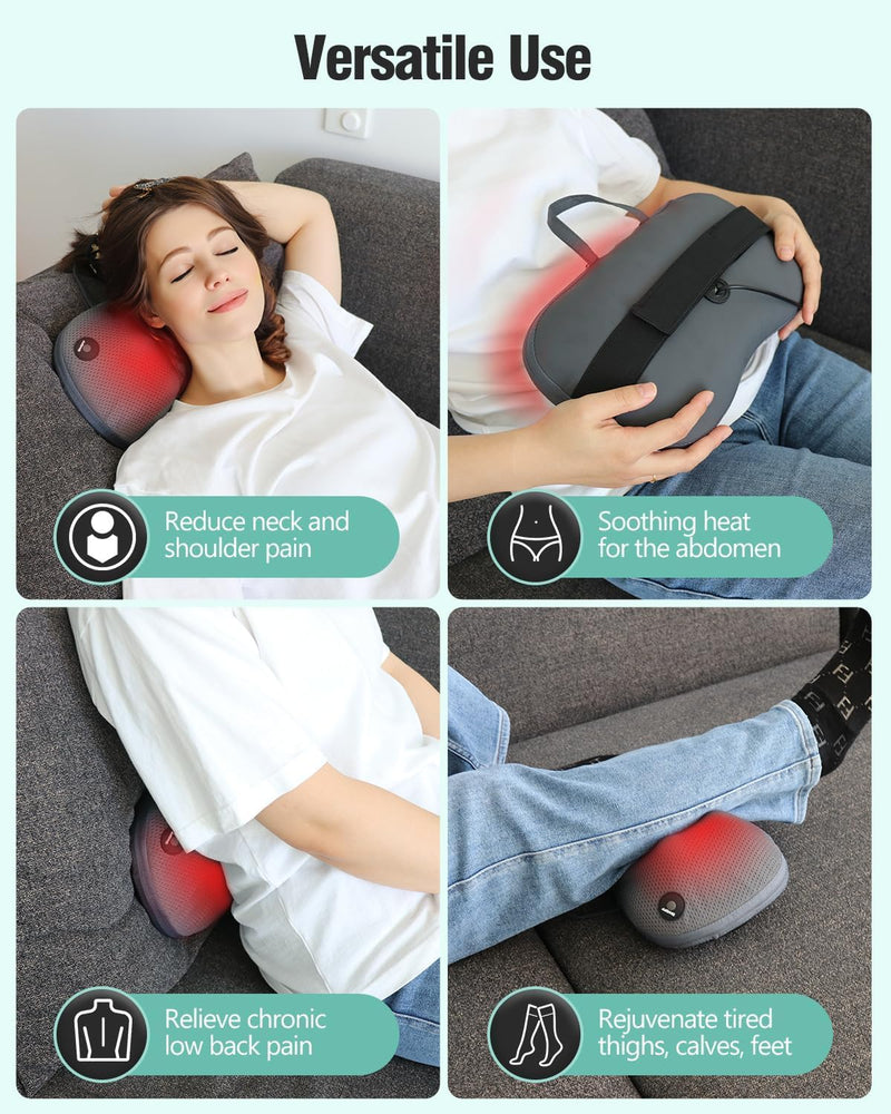 GiftPlus Christmas Gifts Neck Massager Pillow for Pain Relief Deep Tissue - Shiatsu Kneading Shoulder and Back Massager with Heat - Protable Electric Massage Pillow with Carry Handle for Women/Men