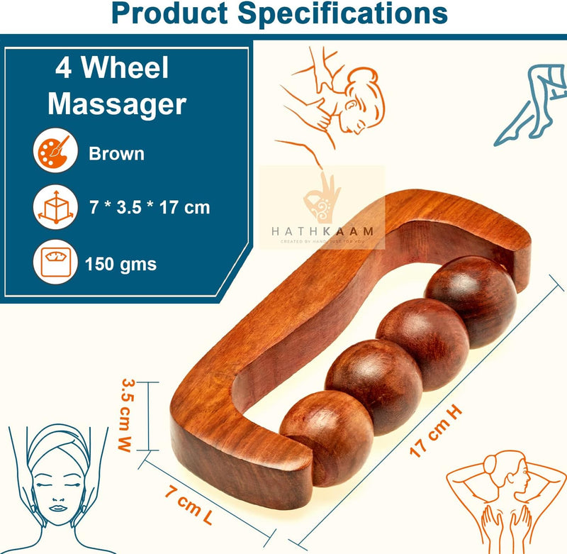 HATHKAAM Wooden Massager 7" Rosewood Unisex Handheld Roller for Full Body Pain Relief, Back, Neck & Shoulder, Cellulite Pain Acupressure, Fascia Lymphatic Drainage 4 Wheel Massage Therapy Equipment