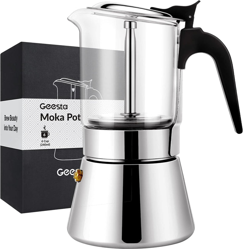 GEESTA Premium Crystal Glass-Top Stovetop Espresso Moka Pot - 4 / 6/ 9 Cups - Stainless Steel Coffee Maker- 160ml/5.6oz/4 cup (esHimpresso cup=40ml)- Valentines Day Gifts