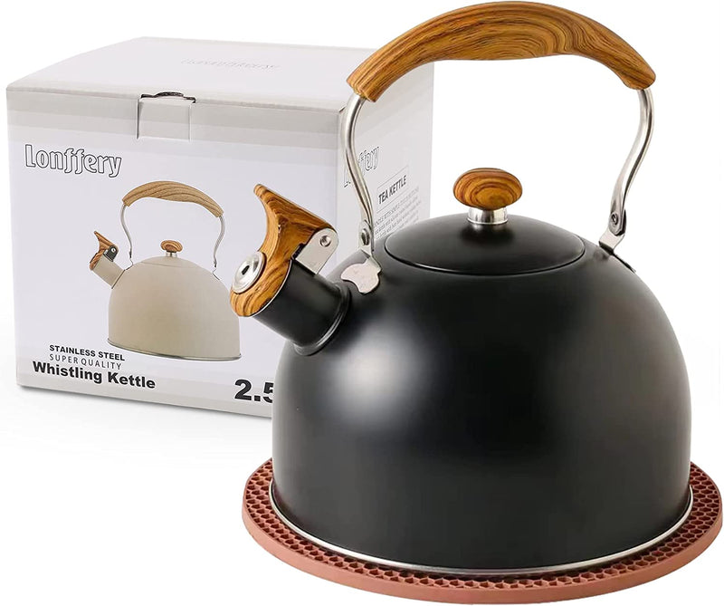 LONFFERY Tea Kettle, 2.5 Quart Whistling Tea Kettle, Tea Pots for Stove Top Food Grade Stainless Steel with Wood Pattern Folding Handle - Red