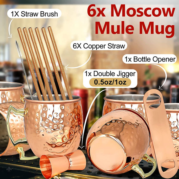 Moscow Mule Copper Mugs- Set of 6 Copper Plated Stainless Steel Mug 18oz, for Chilled Drinks (6 Pack)