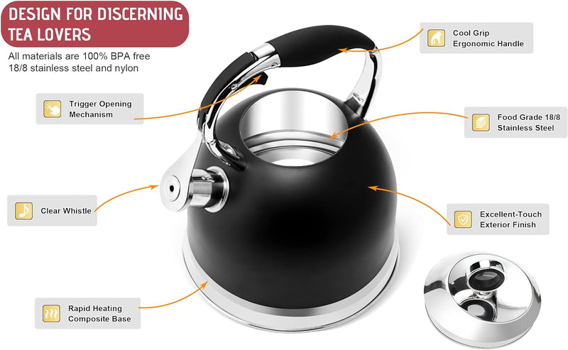 Tea Kettle - HIHUOS 3.17QT Whistling Tea Pots for Stove Top - Sleek 18/8 Stainless Steel Stovetop Kettle, Easy-grip Handle With Trigger Opening Mechanism, 1 Free Silicone Pinch Mitt Included (Black)