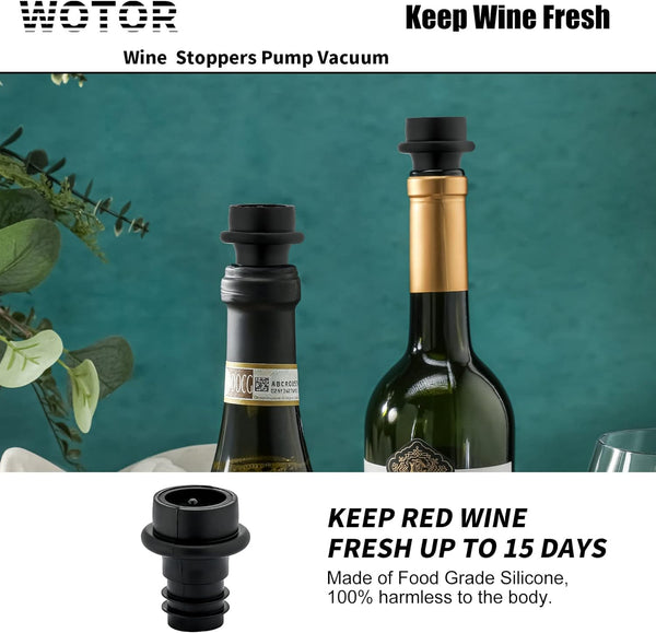 WOTOR Wine Saver Pump with 4 Vacuum Stoppers, Wine Stopper, Wine Preserver, Reusable Bottle Sealer Keeps Wine Fresh, Ideal Wine Accessories Gift (Wine Pump + 4 stoppers)