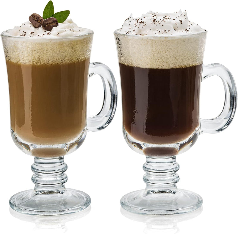 Volarium Irish Glass Coffee Mugs, Latte Cups, Set of 2 Cappuccino and Hot Chocolate Mugs with Handle, Clear Glass Mugs for Hot Beverages, 7 3/4 oz