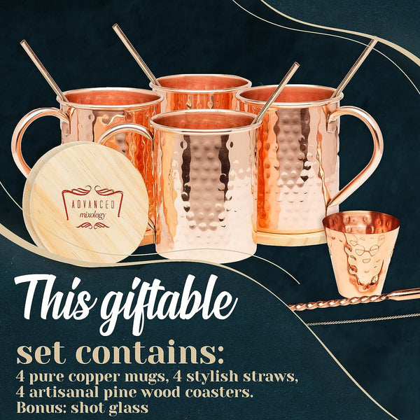 Advanced Mixology [Gift Set] Moscow Mule Mugs - 100% Pure Copper Mugs, 16 Ounce Set of 4 Stylish Designed Mugs with 4 Artisan Hand Crafted Wooden Coasters