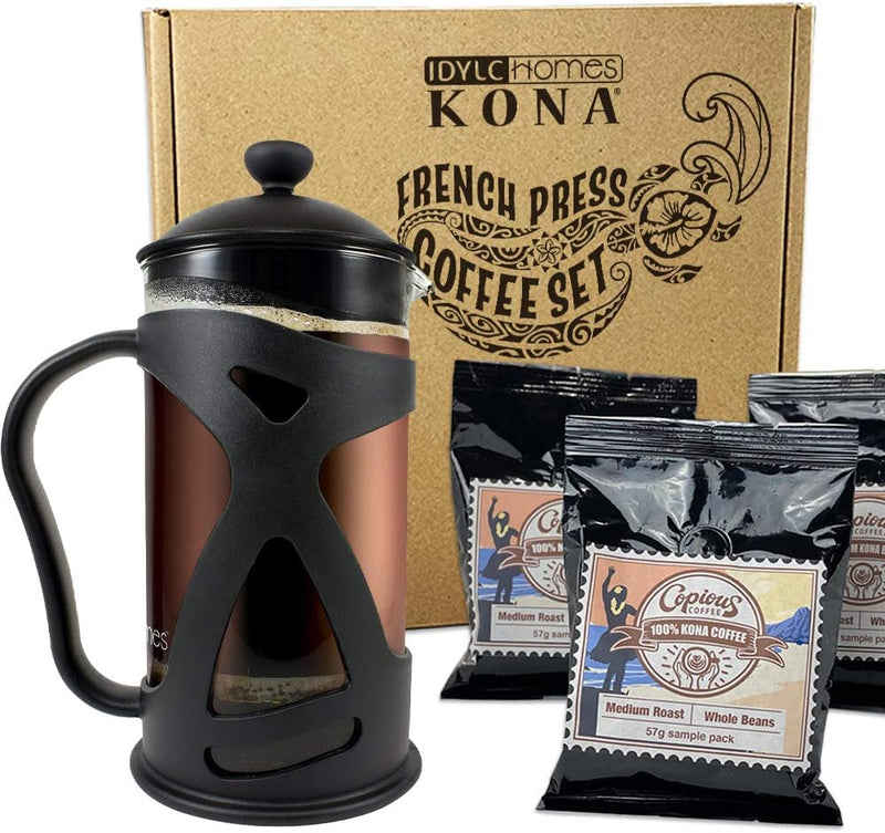 KONA French Press Coffee Press Maker With Reusable Stainless Steel Filter, Large Comfortable Handle & Glass Protecting Durable Black Shell