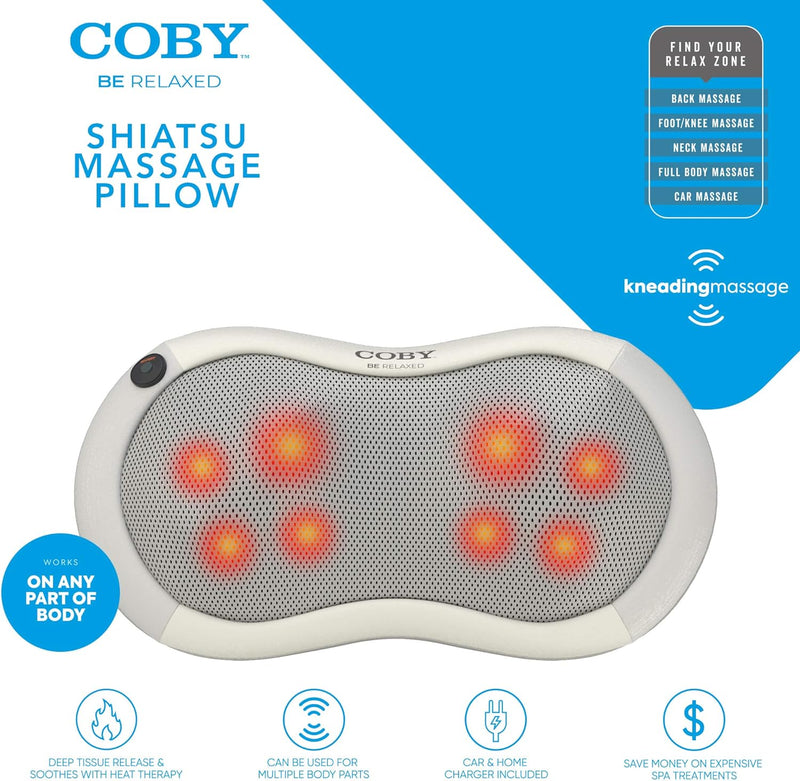 Coby Shiatsu Massage Pillow with Heat | Deep Tissue Kneading Therapeutic Cushion Pad for Back, Neck, Shoulders & Full Body Pain Relief | Rolling Balls & Adjustable Chair Strap for Home, Office & Auto