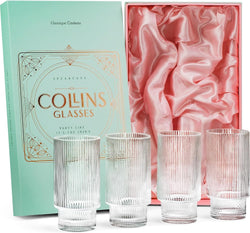 Vintage Art Deco Collins Ribbed Cocktail Glasses | Set of 4 | 14 oz Crystal Highball Glassware for Drinking Mojito, Tom Collins, Classic Hi Ball Bar Drinks | Skinny Tall Barware Tumblers