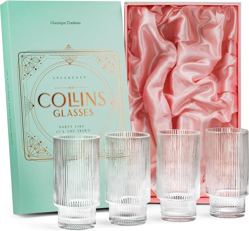 Vintage Art Deco Collins Ribbed Cocktail Glasses | Set of 4 | 14 oz Crystal Highball Glassware for Drinking Mojito, Tom Collins, Classic Hi Ball Bar Drinks | Skinny Tall Barware Tumblers