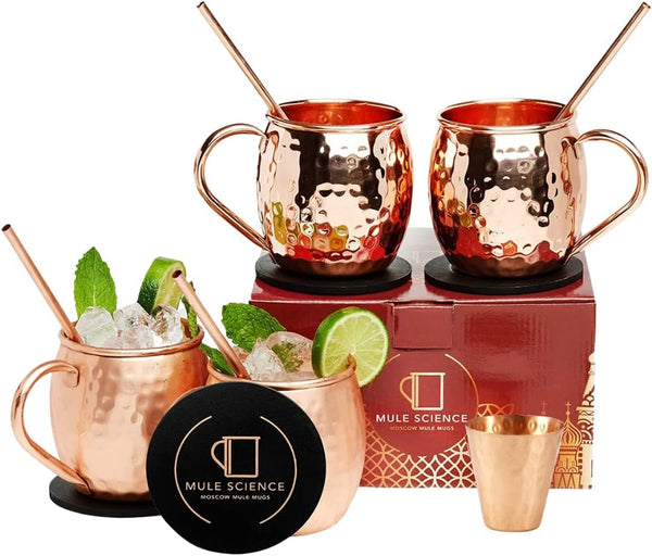 Advanced Mixology [Gift Set] Mule Science Moscow Mule Mugs Set of 4 (19 oz. large size) | 100% Handcrafted | Food Safe | Copper Mugs w/Accessories | Tarnish Resistant Copper Cups