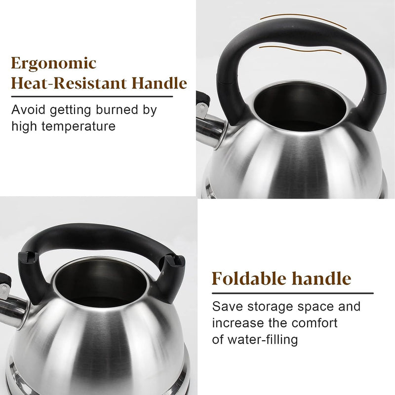 3.17QT Whistling Tea Kettle for Stove Top, Foldable Handle, Compatible with All Burners Including Induction, 18/10 Stainless Steel Stovetop Kettle Tea Kettle 3L