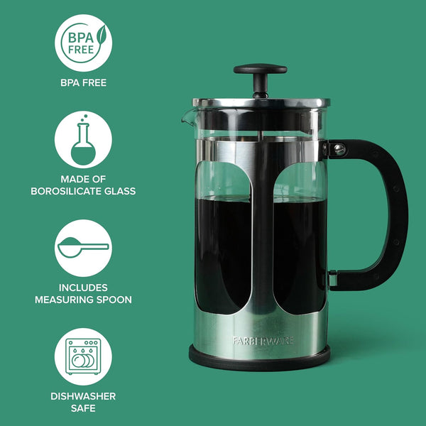 Farberware French Press Coffee Maker, Tea & Espresso Maker, Stainless Steel Cold Brew Press, Heat-Resistant Borosilicate Glass, BPA-Free, Measuring Spoon Included, 8 Cup Capacity (Stainless)