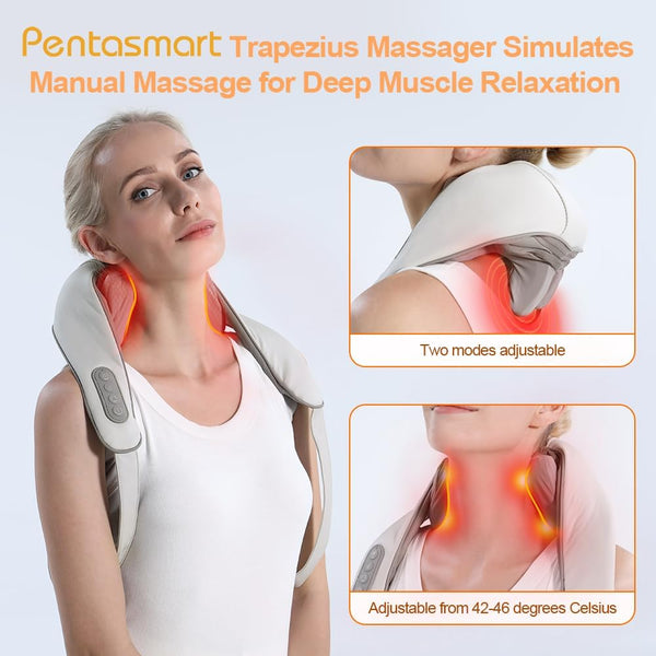 PENTASMART Neck Massager, Neck and Shoulder Massager with Heating for Neck, Shoulder, Back and Leg Pain Relief, Cordless Shiatsu Massager Gifts for Men, Women, Mums and Dads