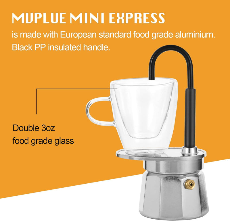 MVPLUE-Mini Express Swiss Single Tube Moka Pot Aluminum Silver，Moka Set includes One Double Wall 3oz Cup,Enjoy delicious coffee in no time