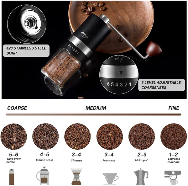 VEVOK CHEF Manual Coffee Grinder Hand Coffee Grinder 6 External Adjustable Setting Stainless Steel Conical Burr Coffee Mill Portable Hand Crank Coffee Bean Grinder Fine for Espresso