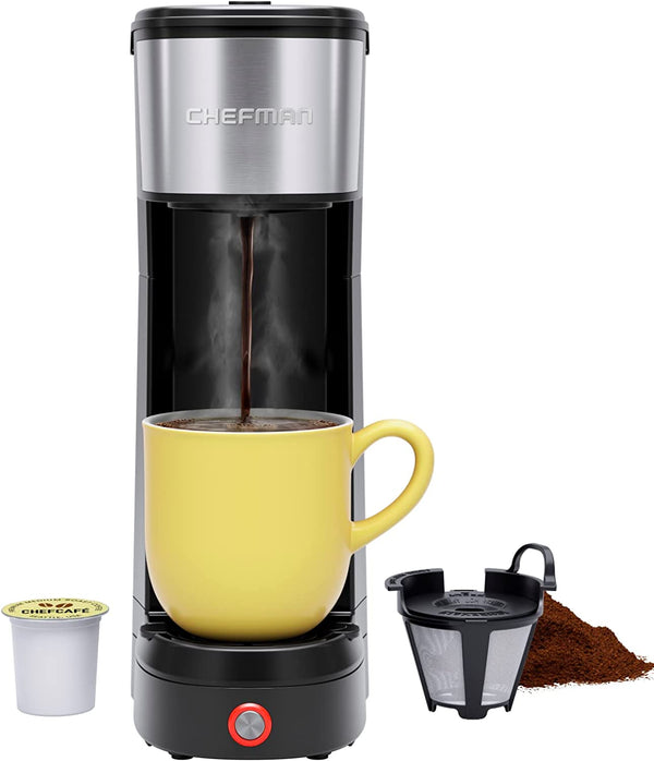 Chefman Single Serve Coffee Maker: K-Cup & Ground Compatible, Single Cup 6-12 oz Portable Drip Coffee Machine with Filter - Perfect for College & Coffee Lovers,Black
