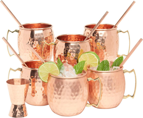 Kitchen Science [Gift Set] Moscow Mule Copper Mugs Set of 6 (16oz) w/Straws & Jigger | 100% Pure Copper Cups, Tarnish-Resistant Food Grade Lacquered Finish, Ergonomic Handle (No Rivet) w/Solid Grip