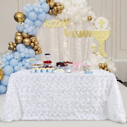 White Rosette 3D Tablecloth - 90x132 Inches - Wedding Party Table Decor