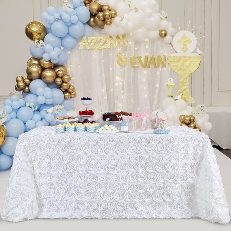 Flower Rosette Satin Tablecloth - White Rectangular Wedding Christmas Decoration 60x102