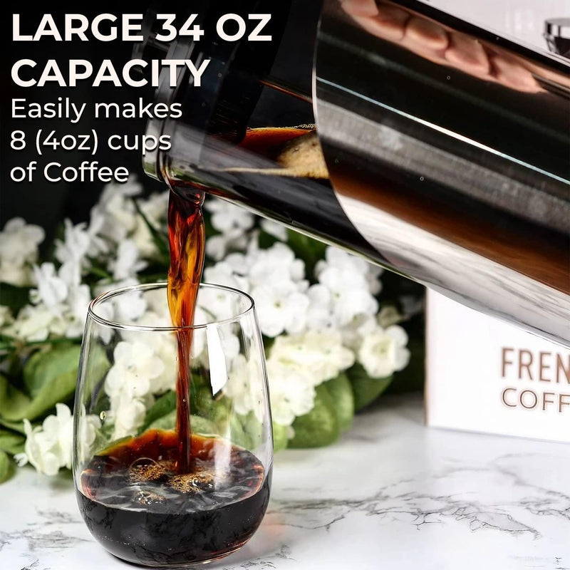 The Original Glass French Press Coffee Maker - Versatile Coffee Press, Tea Press w/ 4 Level Filtration, BPA Free French Press Stainless Steel Coffee Maker by Cafe Du Chateau (34oz)