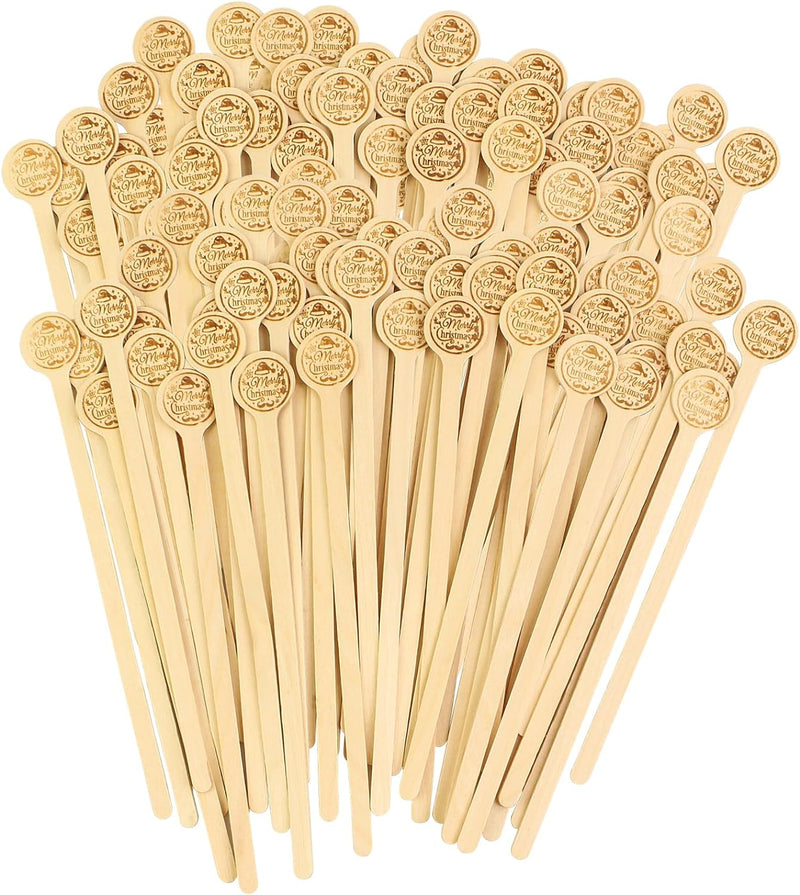 100pcs Coffee Stirrers Stir Sticks 7 Inch Wooden Coffee Stir Sticks with Merry Christmas Round Handle Disposable Biodegradable Coffee Stirrers Wood for Stirring Coffee Cocktails Milk Honey