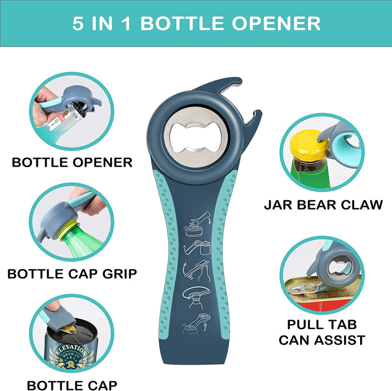 Jar Opener for Weak Hands, Seniors with Arthritis, 5 in 1 Multi Function Bottle Opener Lid Opener For Arthritic Hands with Non Slip Rubber Jar opener Gripper Pad and Corkscrew Wine Opener(BLUE)