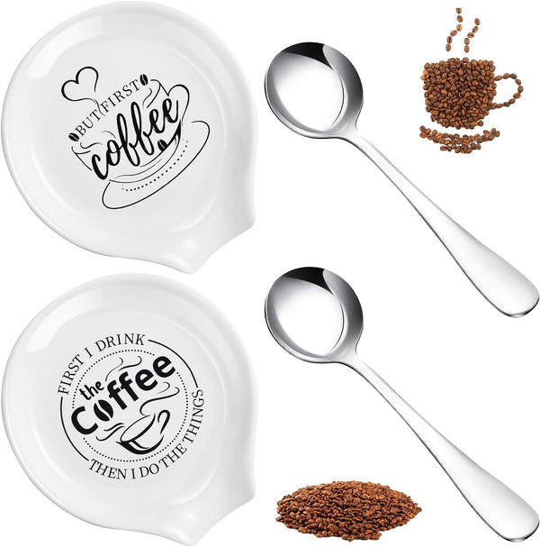 Gandeer 4 Pieces Coffee Spoon Rest and Spoon Funny Coffee Quote Ceramic Coffee Spoon Holder Rests for Coffee Station Decor Stove Top Countertop Kitchen Accessories Nice Present for Coffee Lovers