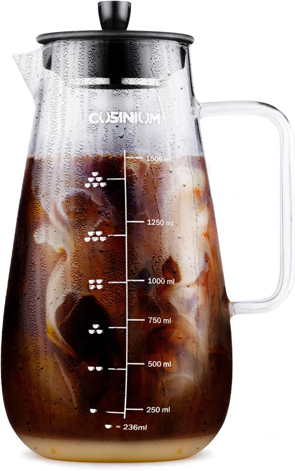 CUSINIUM Large Cold Brew Coffee Maker - 1.5 Quart Iced Coffee Maker - Glass Coffee Carafe With Removable Stainless Steel Filter - Fruit infuser pitcher
