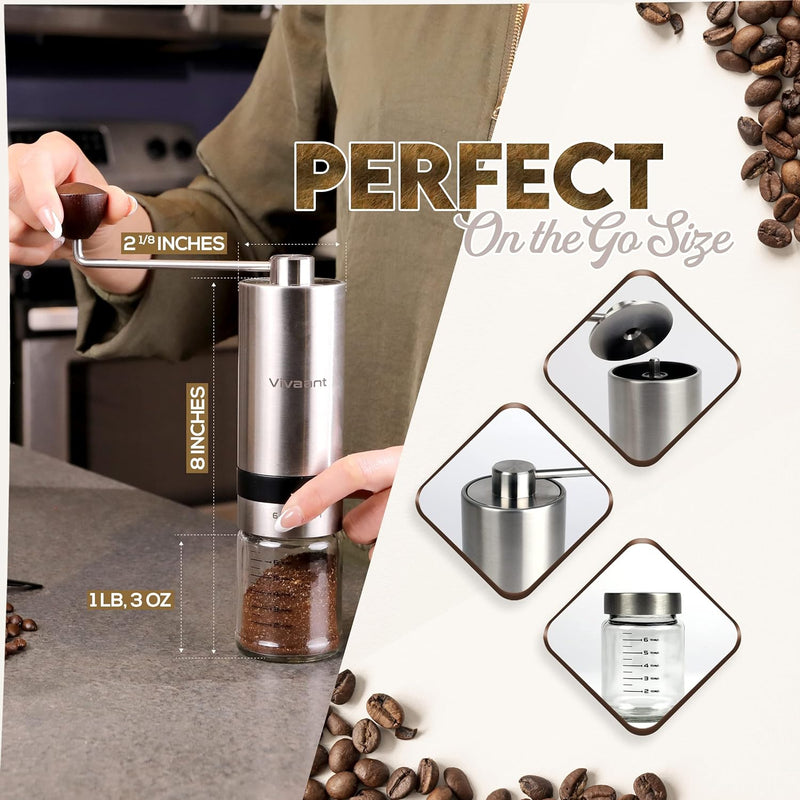 Vivaant Manual Coffee Grinder — Hand Coffee Grinder with Adjustable Dragon Tooth Stainless Steel Conical Burr, No-Power, Manual Coffee Grinder for Drip Coffee, Espresso, French Press, and More!