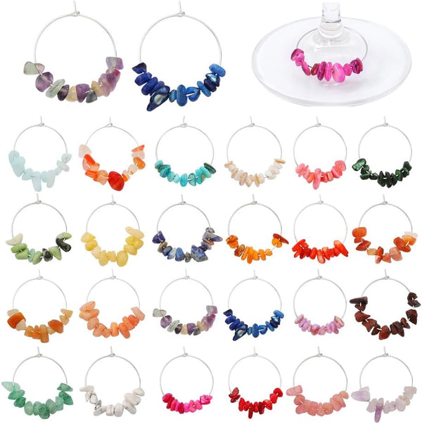 Pride & par 24 Pcs Nature Gemstone Beads Wine Charms for Glasses,Wine Glass Markers,Drink Markers for Stem Glasses,Wine Glass Decoration for Weddings,Parties